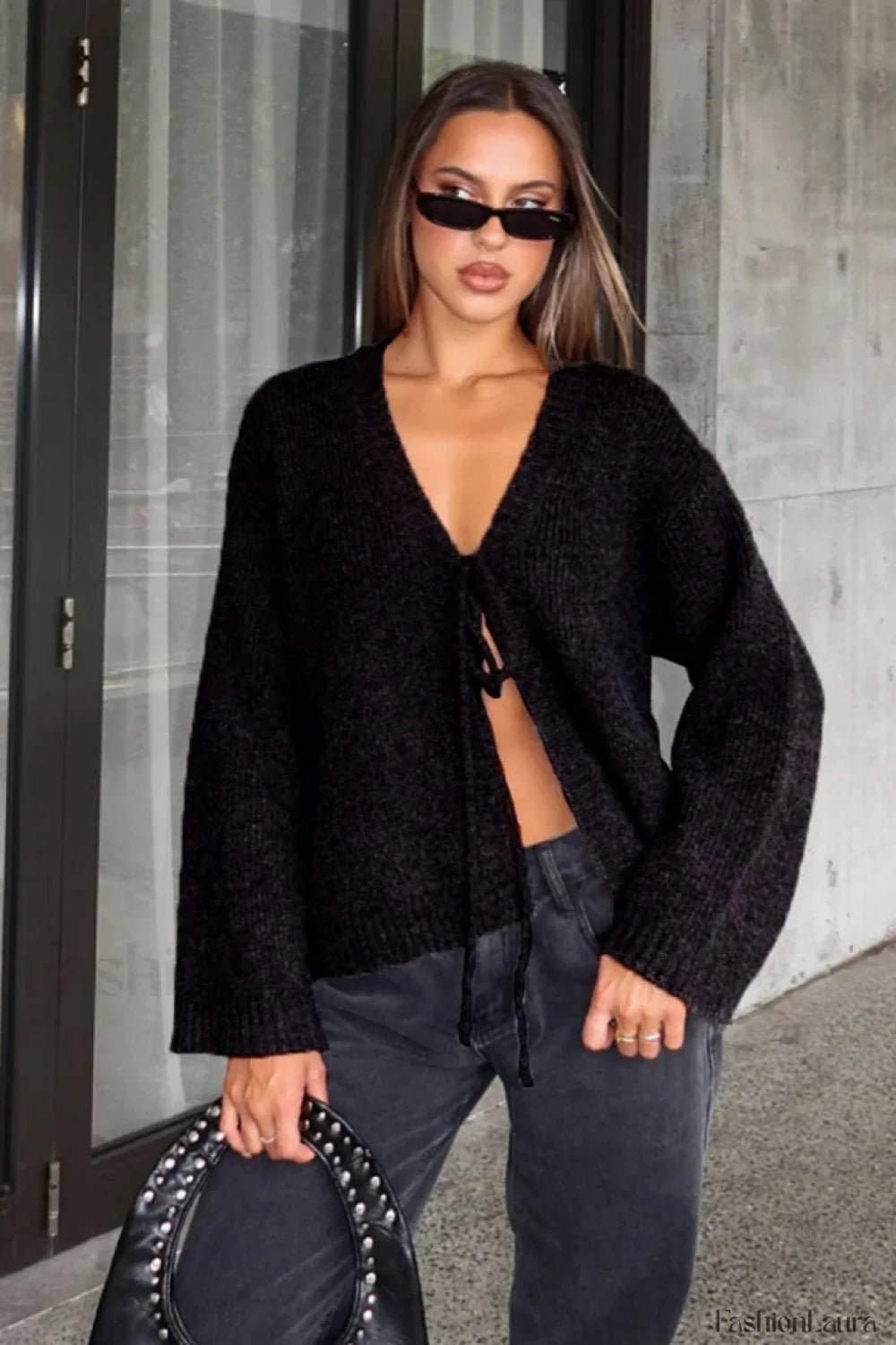 V-Neck Tie Front Knit Cardigan Sweater