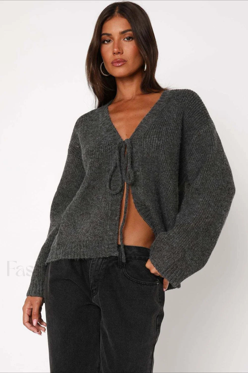 V Neck Tie Front Knit Cardigan Sweater Grey / S