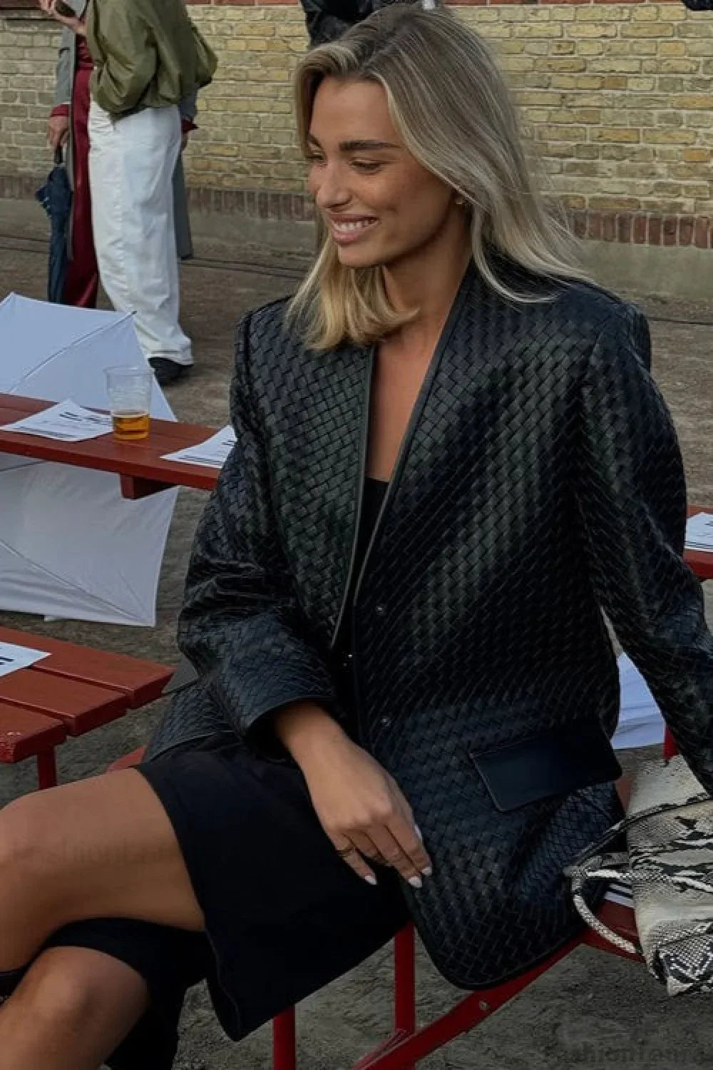 V-Neck Woven Leather Long Sleeve Jacket