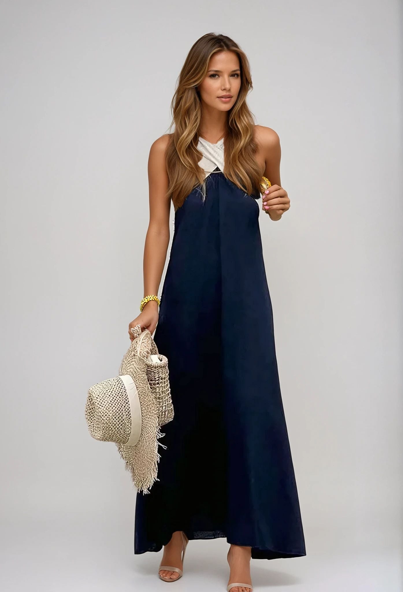Nicole - Stylish Crossover Neckline Dress Navy Blue