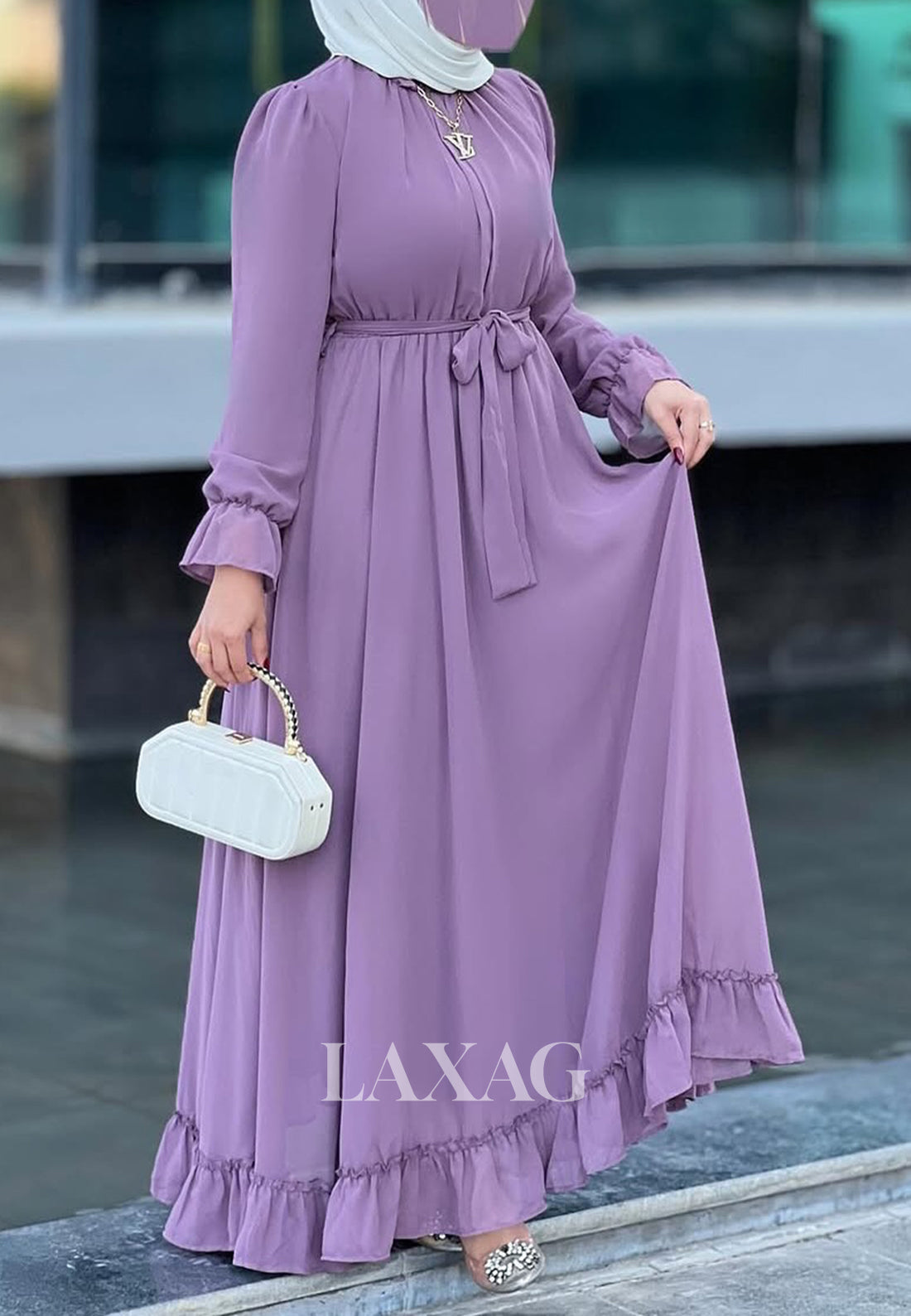 Simple High-Neck Long-Sleeves Formal Gowns Pleated Tulle Floor-Length A-Line Evening Dress