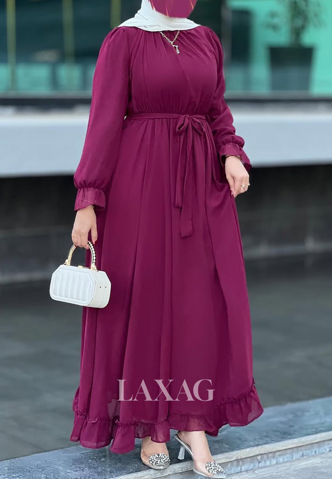 Simple High-Neck Long-Sleeves Formal Gowns Pleated Tulle Floor-Length A-Line Evening Dress