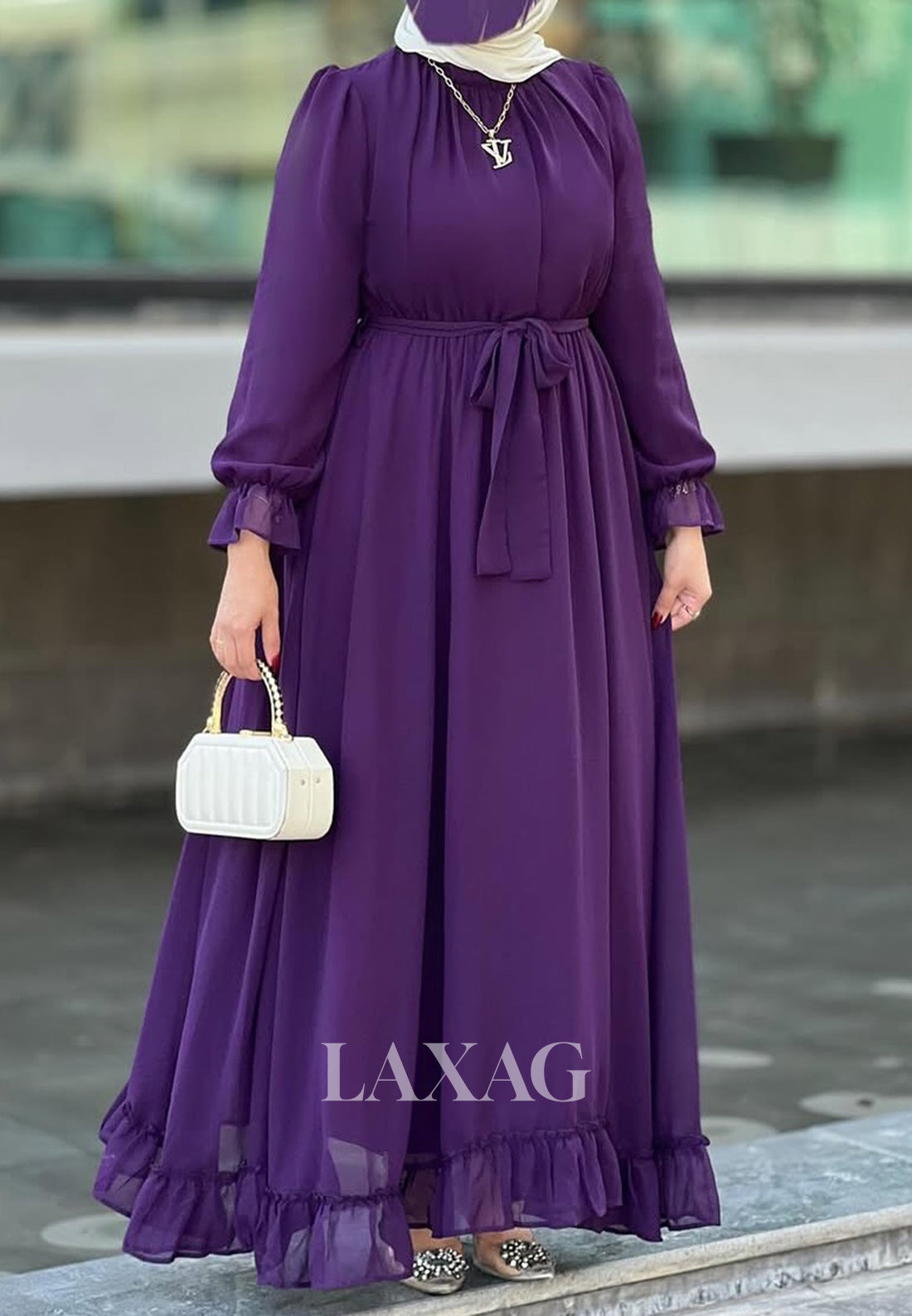 Simple High-Neck Long-Sleeves Formal Gowns Pleated Tulle Floor-Length A-Line Evening Dress