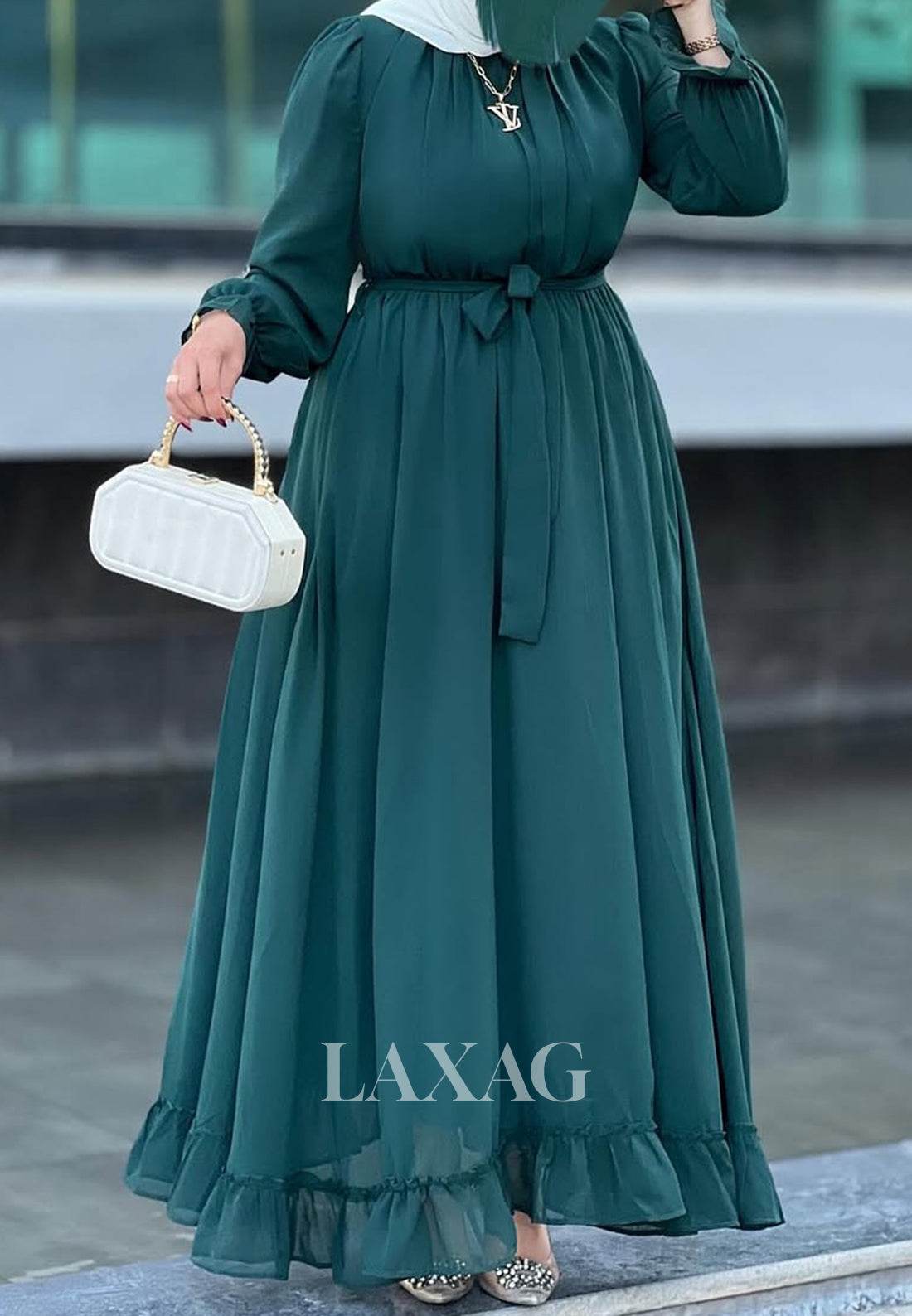 Simple High-Neck Long-Sleeves Formal Gowns Pleated Tulle Floor-Length A-Line Evening Dress