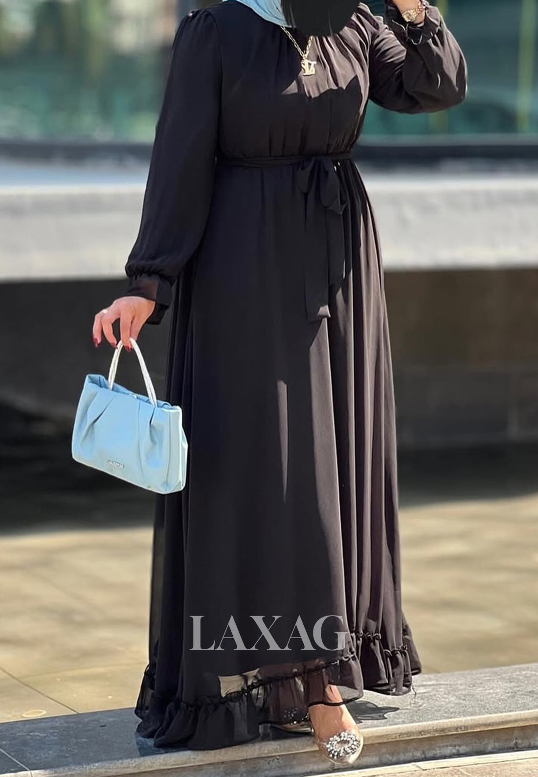 Simple High-Neck Long-Sleeves Formal Gowns Pleated Tulle Floor-Length A-Line Evening Dress