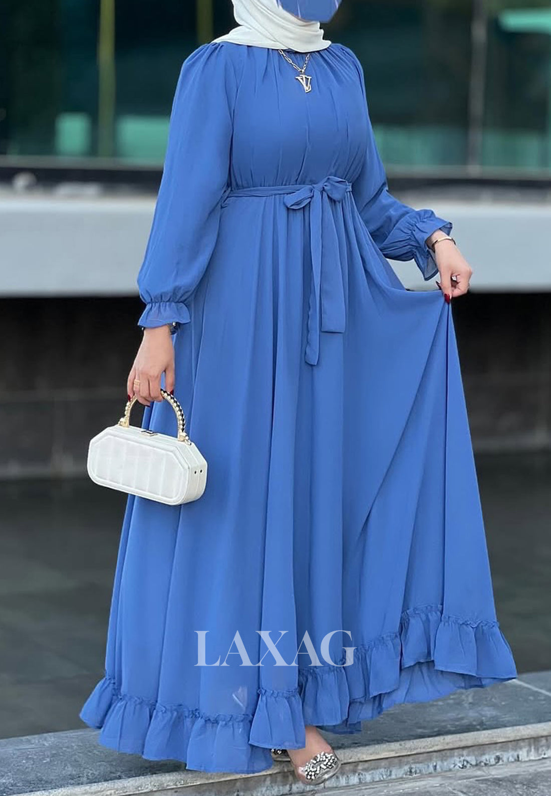 Simple High-Neck Long-Sleeves Formal Gowns Pleated Tulle Floor-Length A-Line Evening Dress