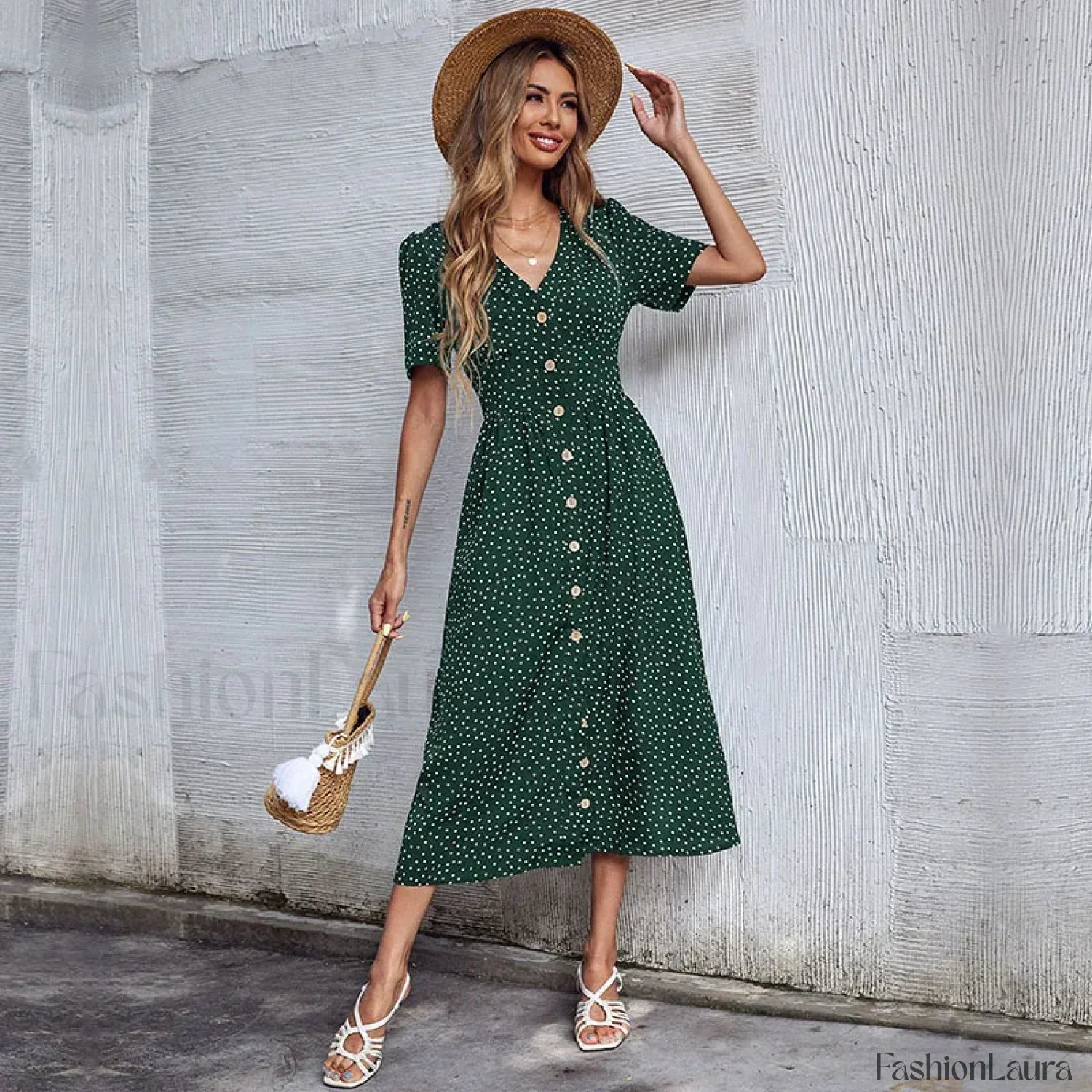 Vacation Chic Single-breasted Cardigan V-neck Short Sleeve Hem Slit Retro Dot Midi Dress