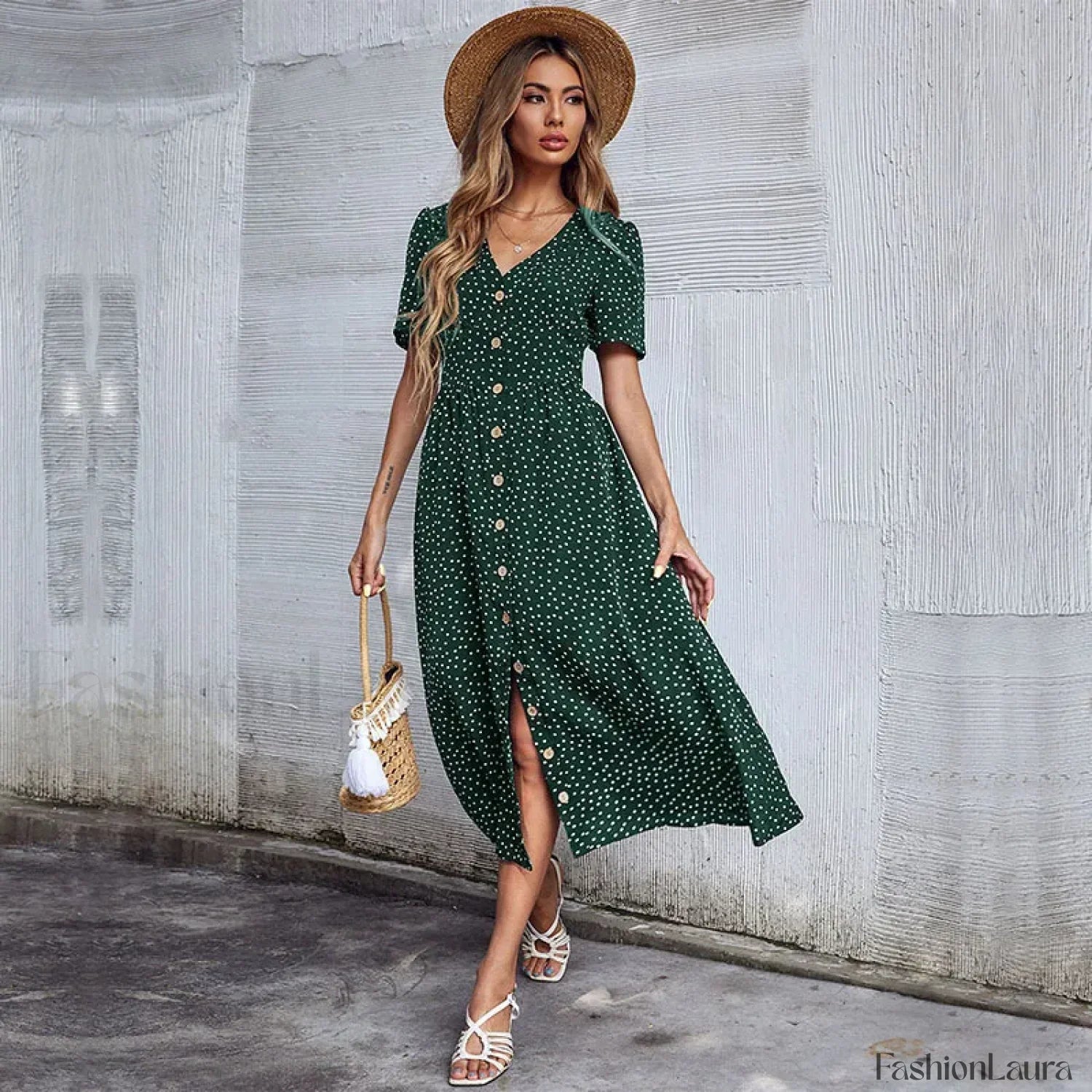 Vacation Chic Single-breasted Cardigan V-neck Short Sleeve Hem Slit Retro Dot Midi Dress