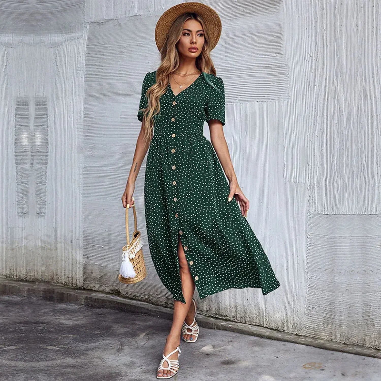 Vacation Chic Single breasted Cardigan V neck Short Sleeve Hem Slit Retro Dot Midi Dress Dark Green / S