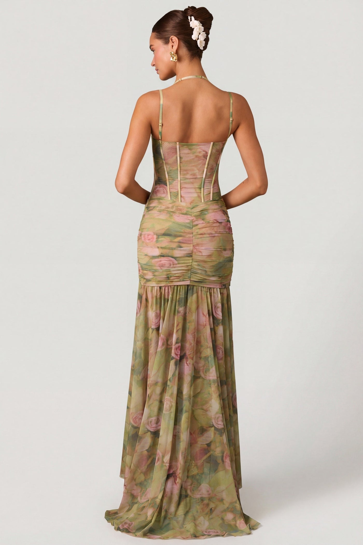 Floral Mesh Corset High Split Maxi Dress 2