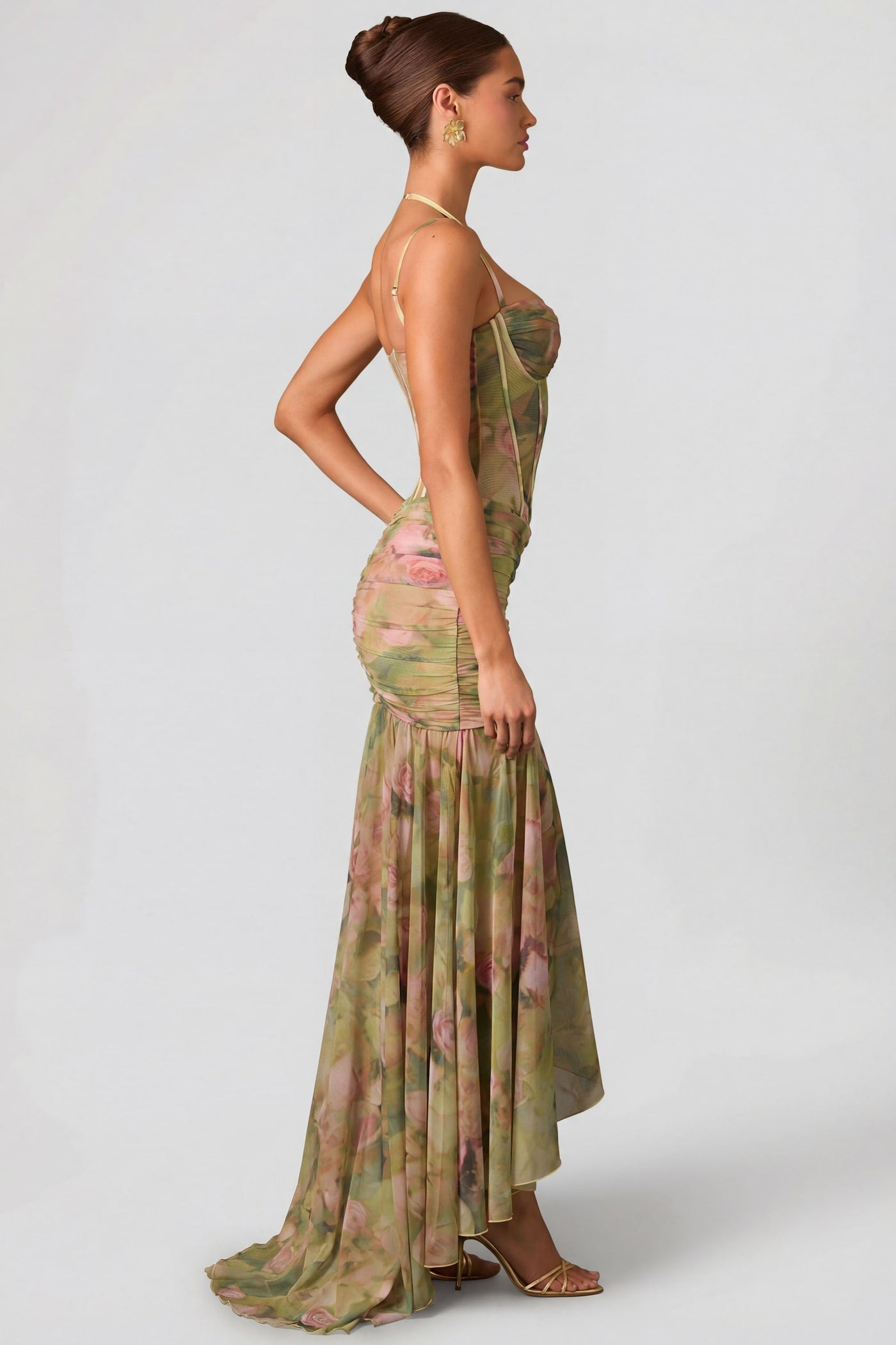 Floral Mesh Corset High Split Maxi Dress 3
