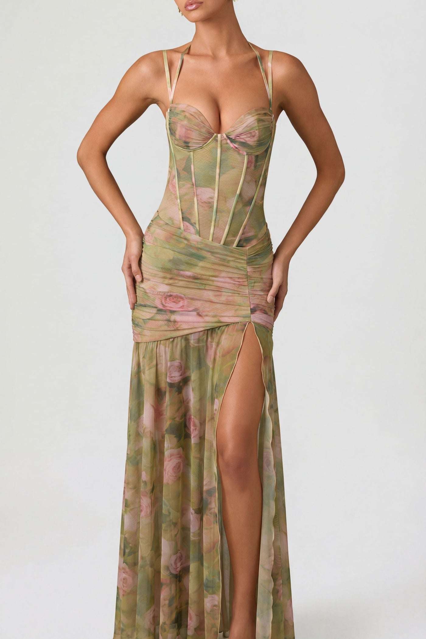 Floral Mesh Corset High Split Maxi Dress 4