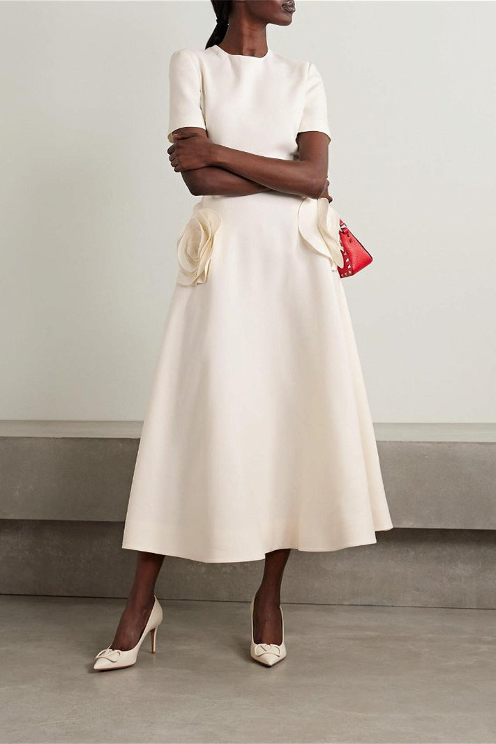 Micaela Minimalist Short Sleeved Midi Dress with Flower Statement Occasion Edit