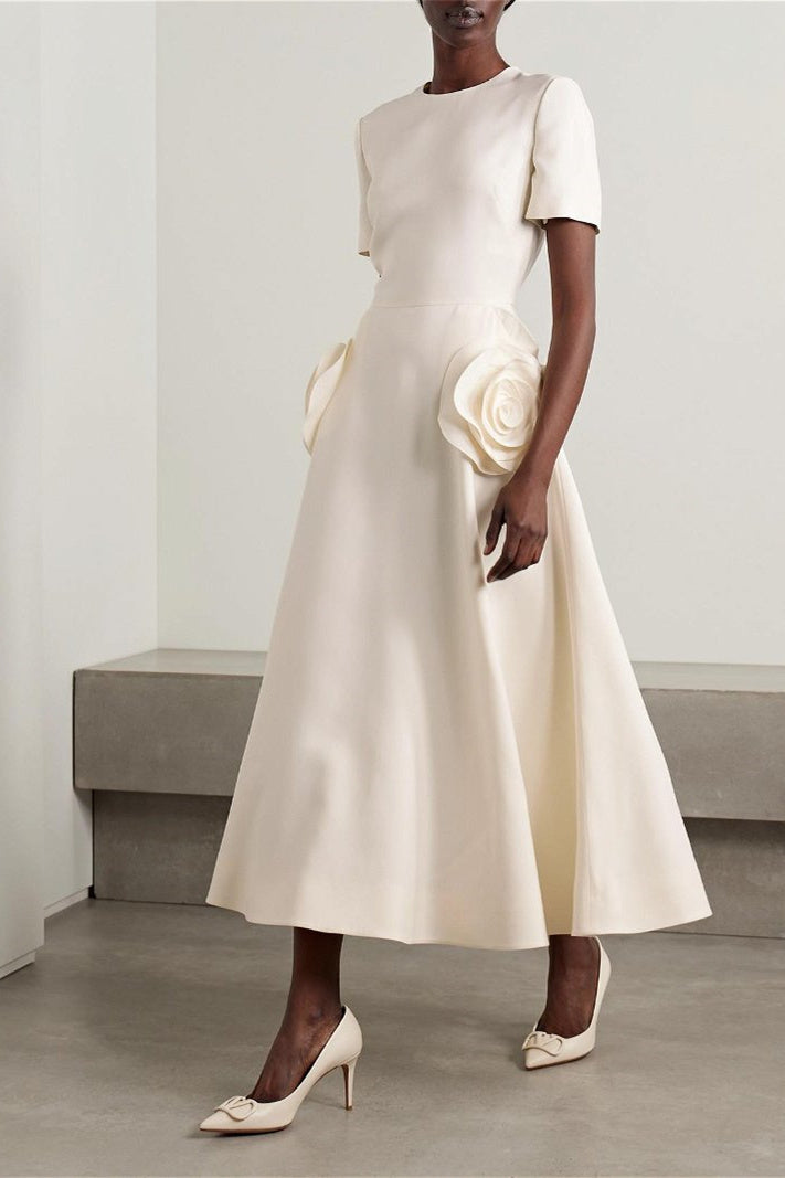Micaela Minimalist Short Sleeved Midi Dress with Flower Statement Occasion Edit
