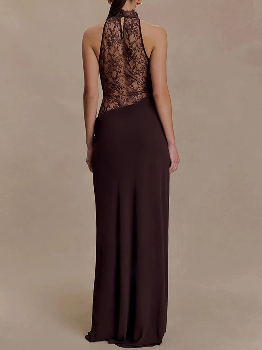 Halter Cowl Neck Lace Inset Cut Out Waist Maxi Gown 2