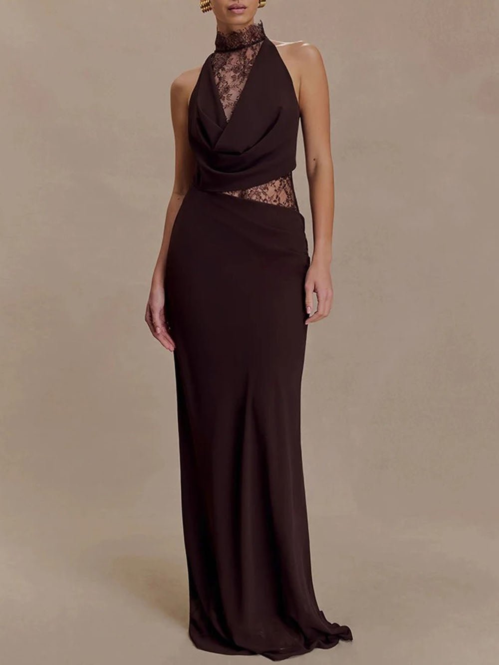 Halter Cowl Neck Lace Inset Cut Out Waist Maxi Gown