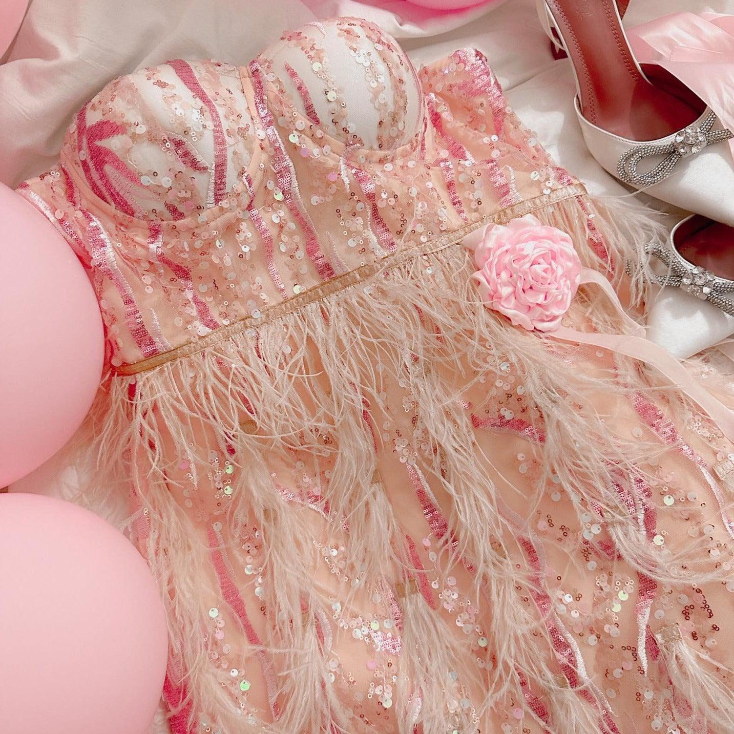 Sequin Strapless Bustier Feather Trim Mini Dress