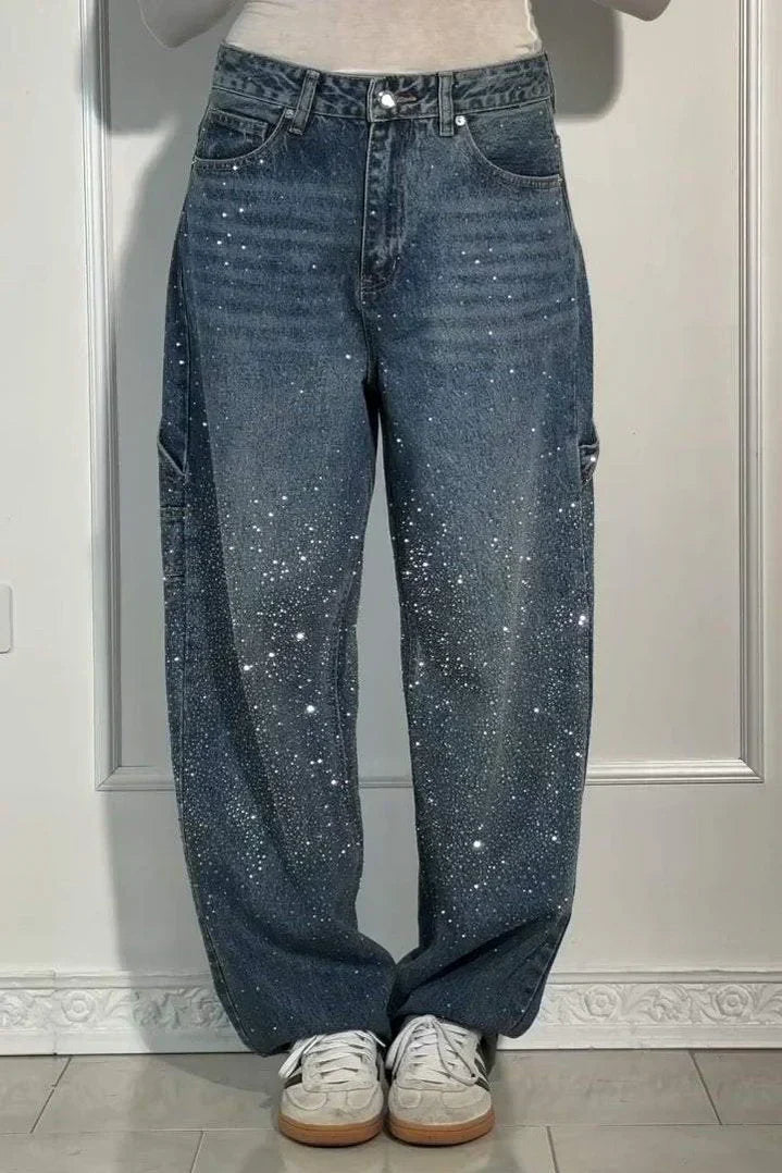 High Waist Rhinestone Wide Leg Baggy Jeans