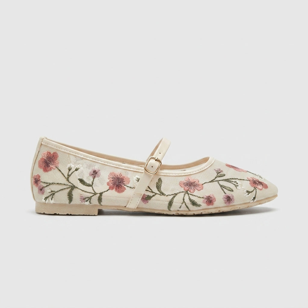 Floral Embroidered Mesh Ankle Strap Mary Jane Ballet Flats