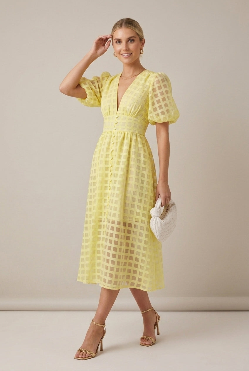 Check V-Neck Puff Sleeve Button Front Midi Dress 6