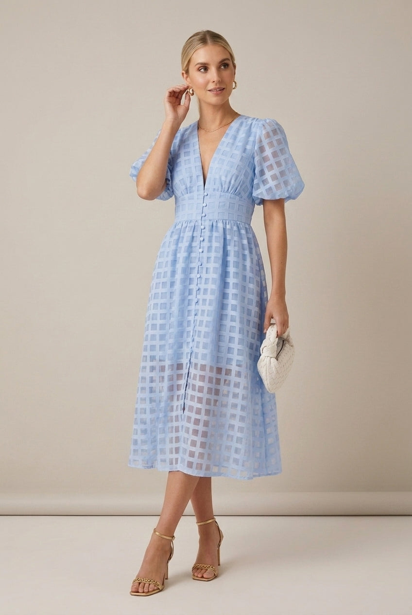 Check V-Neck Puff Sleeve Button Front Midi Dress 5