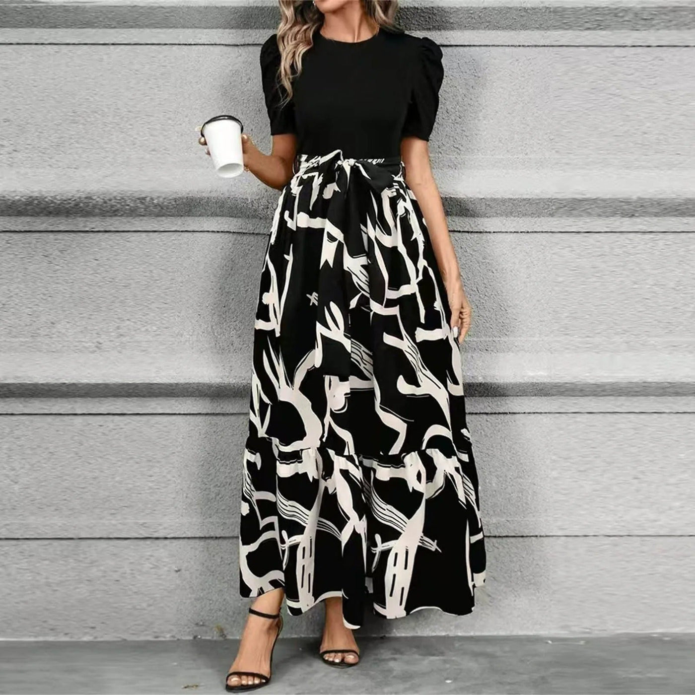 Faux Two Piece Floral Puff Sleeve Tiered Maxi Dress 3