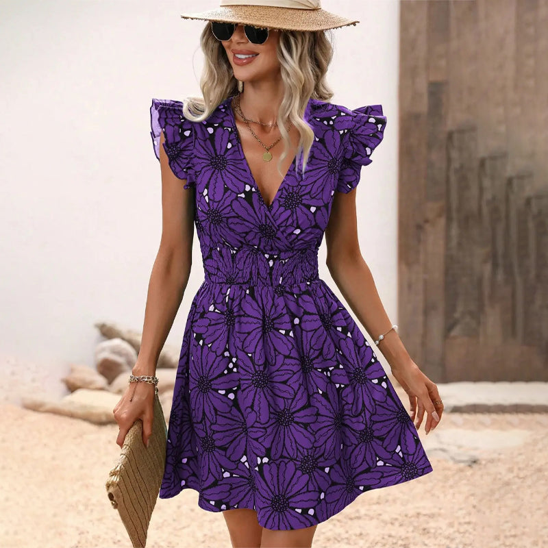 Floral V-Neck Ruffle Sleeve Fit and Flare Mini Dress 2