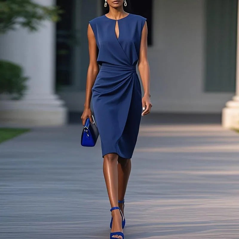 Keyhole Neck Sleeveless Ruched Waist Midi Dress