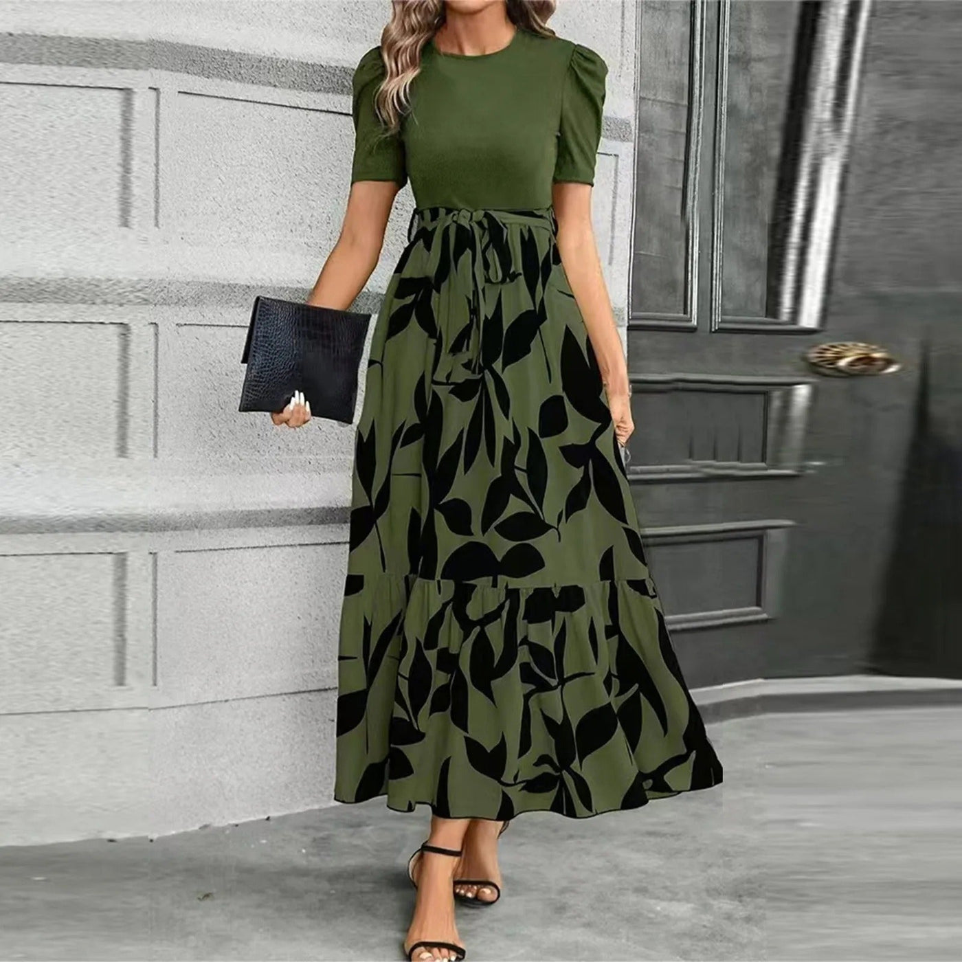 Faux Two Piece Floral Puff Sleeve Tiered Maxi Dress 4