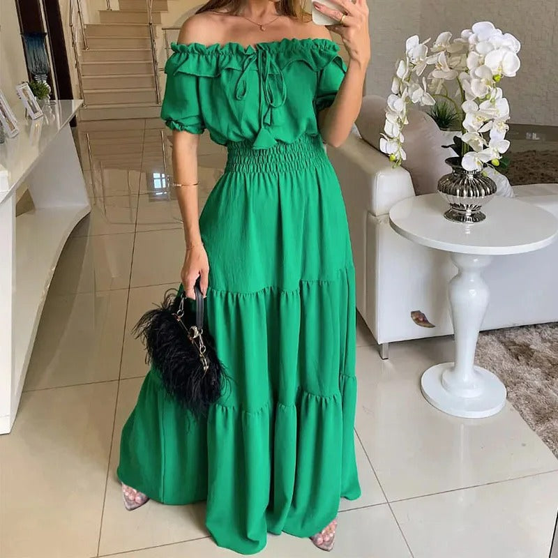 Off Shoulder Puff Sleeve Tie Front Smocked Waist Tiered Maxi Dress