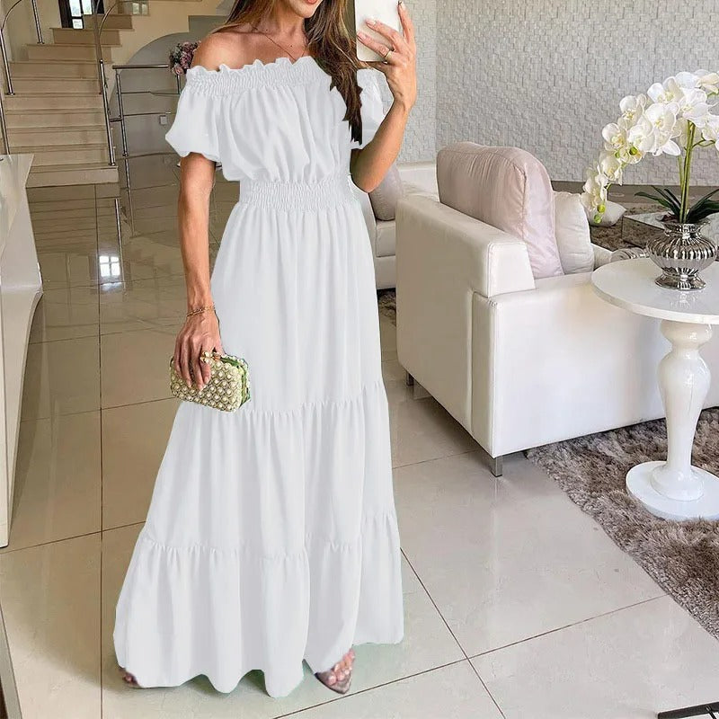 Off Shoulder Puff Sleeve Tie Front Smocked Waist Tiered Maxi Dress