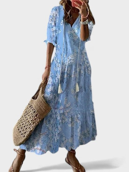 Ikat Print Split Neck Tassel Tie Tiered Maxi Dress
