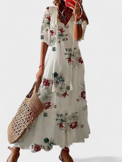Ikat Print Split Neck Tassel Tie Tiered Maxi Dress