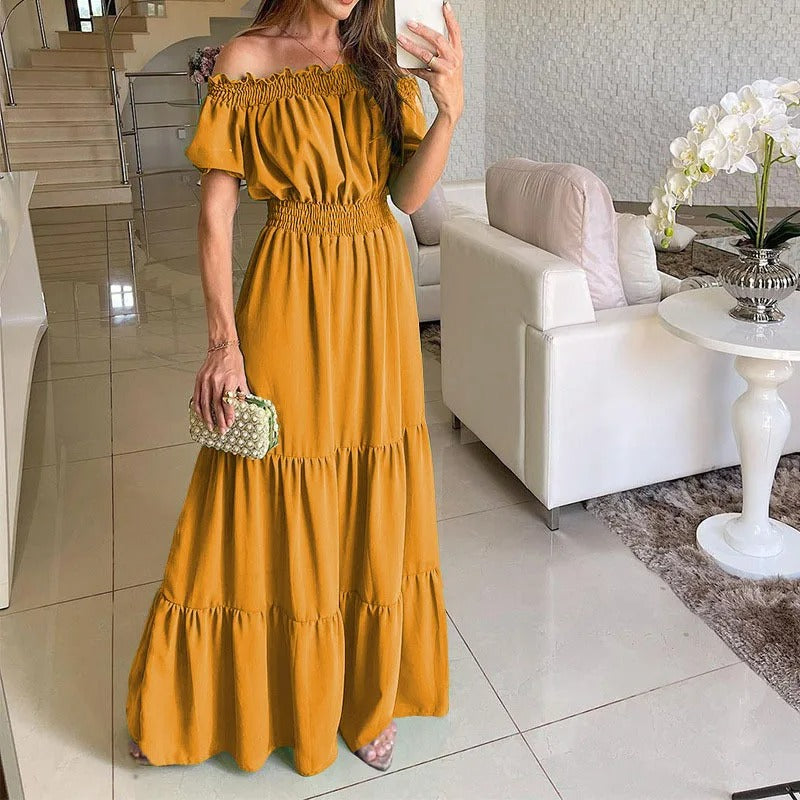 Off Shoulder Puff Sleeve Tie Front Smocked Waist Tiered Maxi Dress