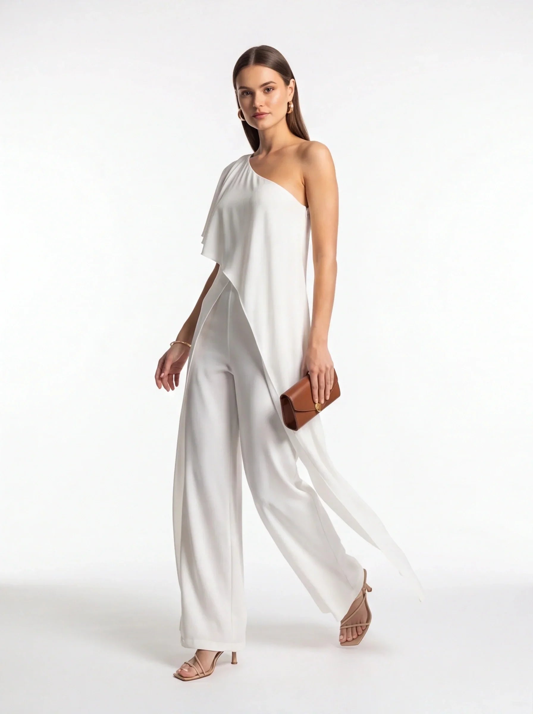 White One-Shoulder Wide-Leg Jumpsuit with Draped Overlay Elegant Evening Outfit with Pockets and Adjustable Straps - Jamota