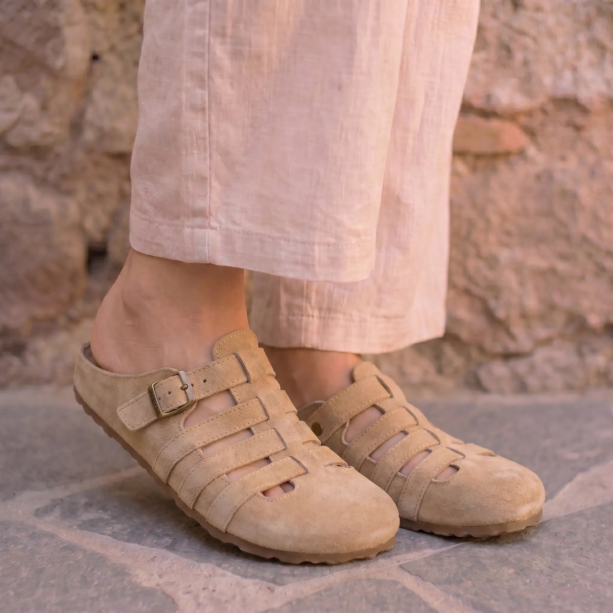 Suede Look Closed Toe Buckle Fisherman Clog Mules