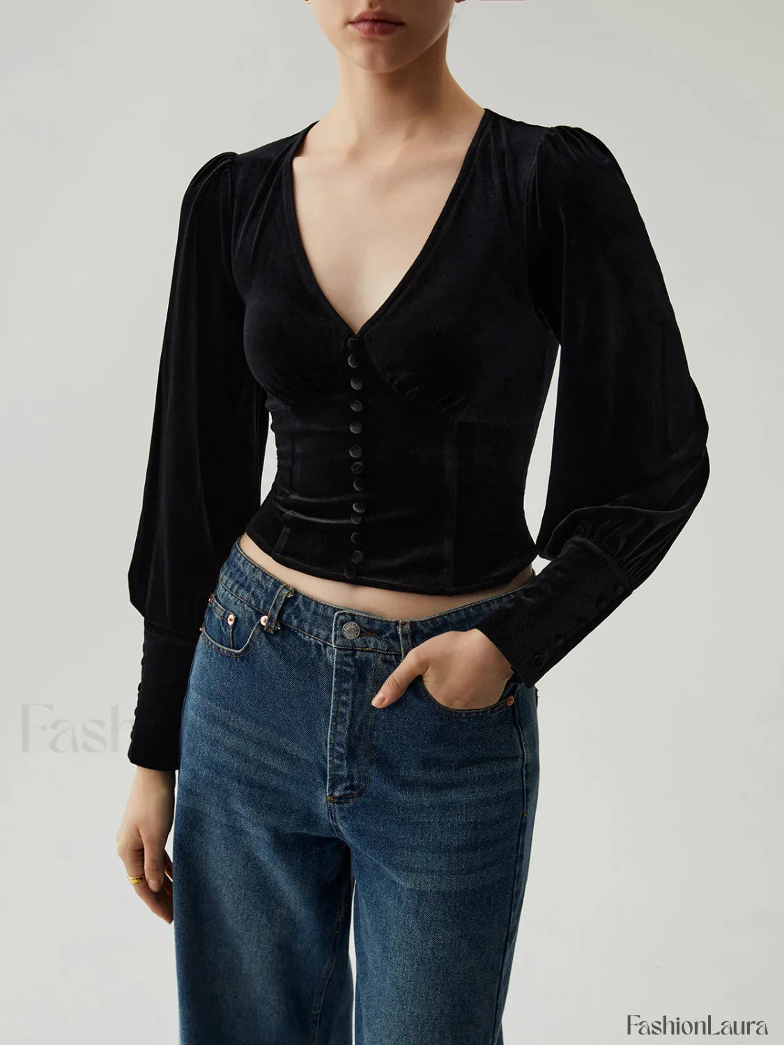 Velvet Buttoned V-neck Trendy Long Sleeve Crop Top