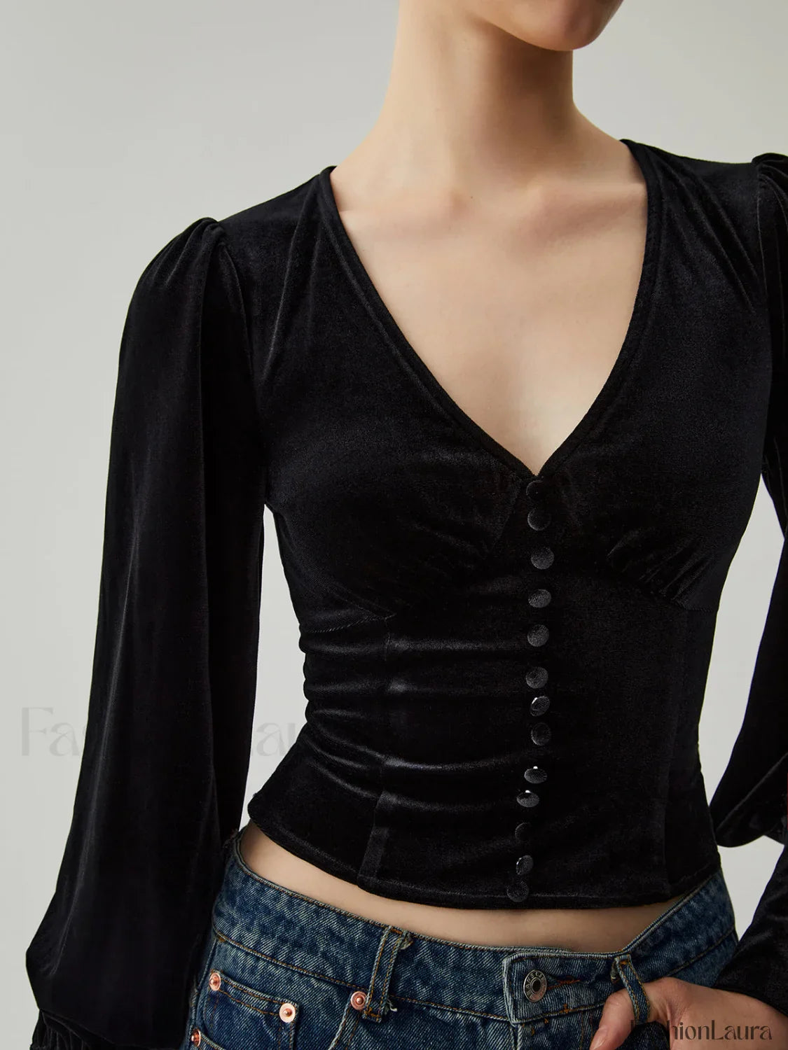 Velvet Buttoned V-neck Trendy Long Sleeve Crop Top