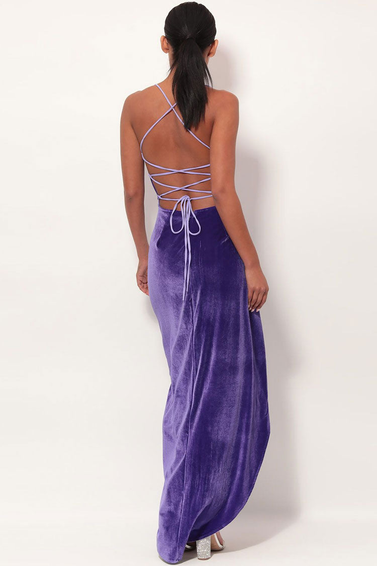 Velvet Cowl Neck High Slit Backless Slip Maxi Dress - Purple 4