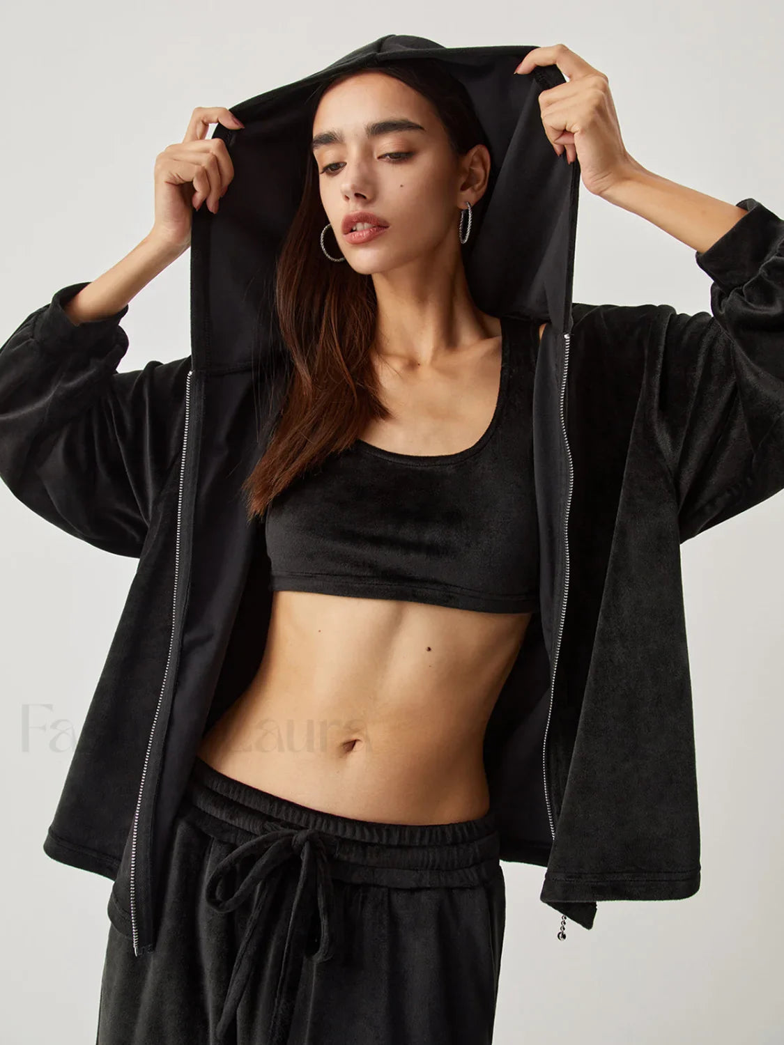 Velvet Hoodie Three Trendy Piece Pants Set Black / S Pant Sets