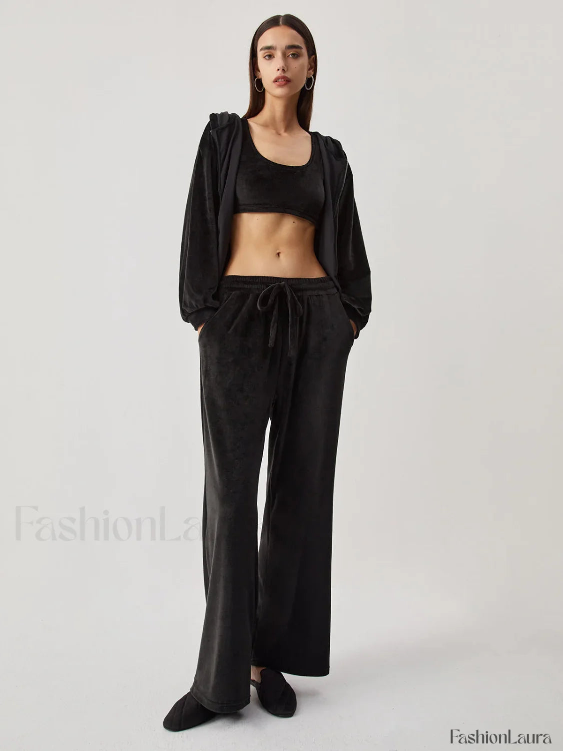 Velvet Hoodie Three Trendy Piece Pants Set