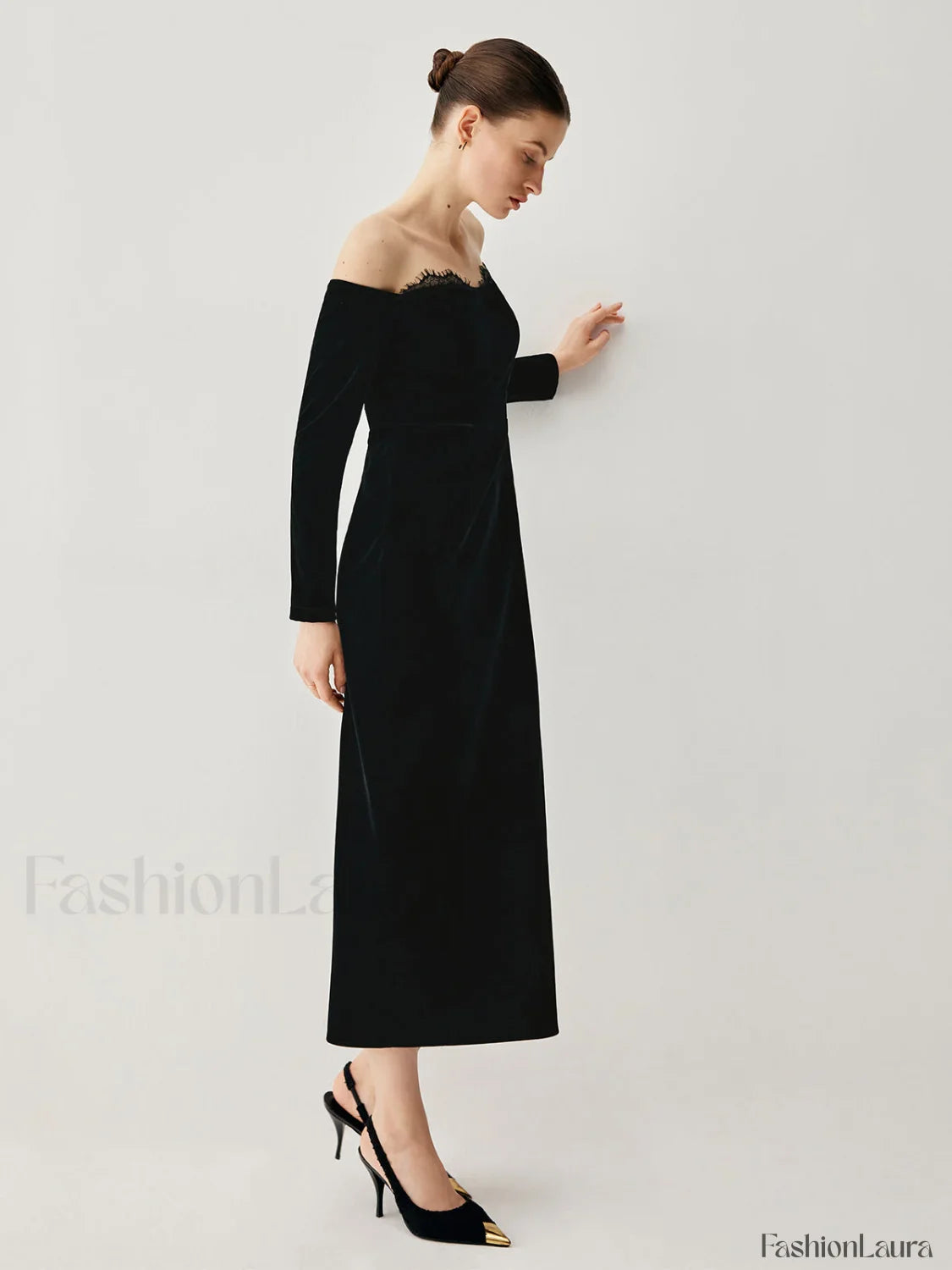 Velvet Off-shoulder Patchwork Trendy Slit Midi Dress