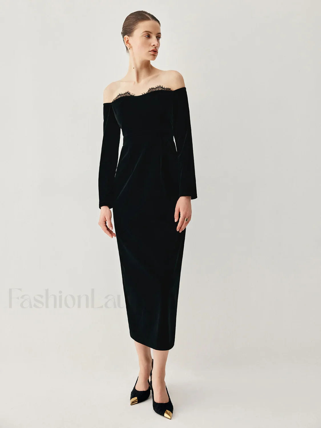 Velvet Off-shoulder Patchwork Trendy Slit Midi Dress