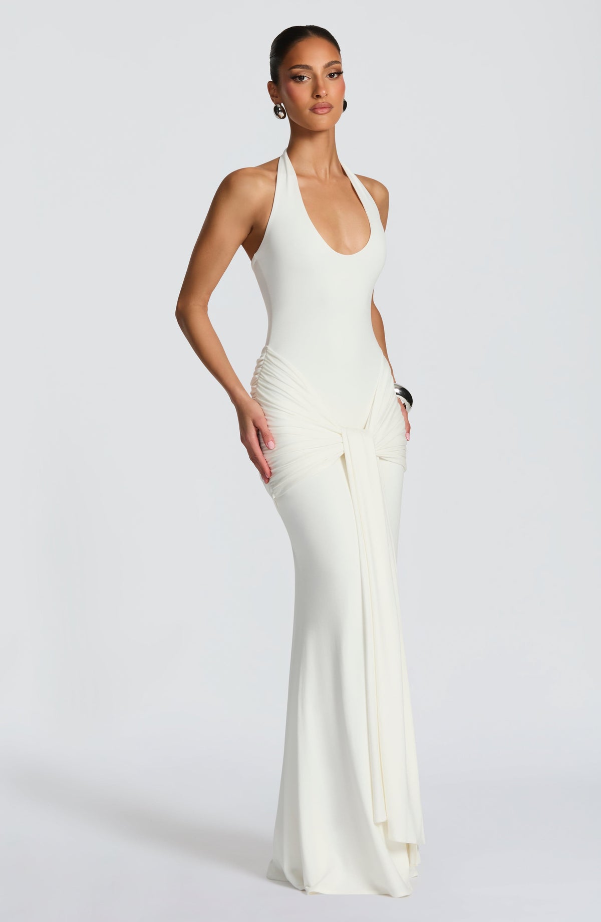 Halter Neck Scoop Front Draped Tie Waist Maxi Dress 5