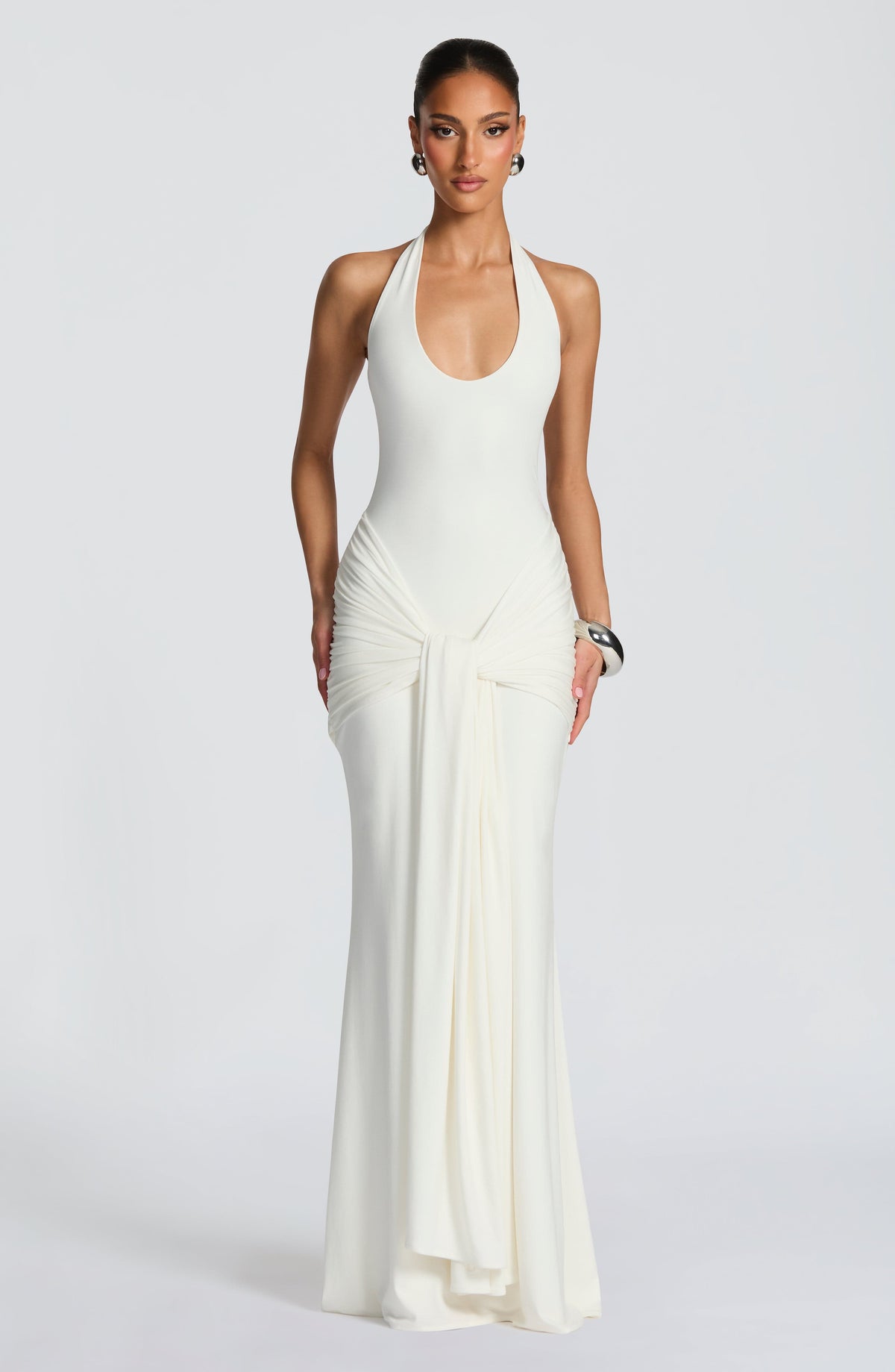 Halter Neck Scoop Front Draped Tie Waist Maxi Dress
