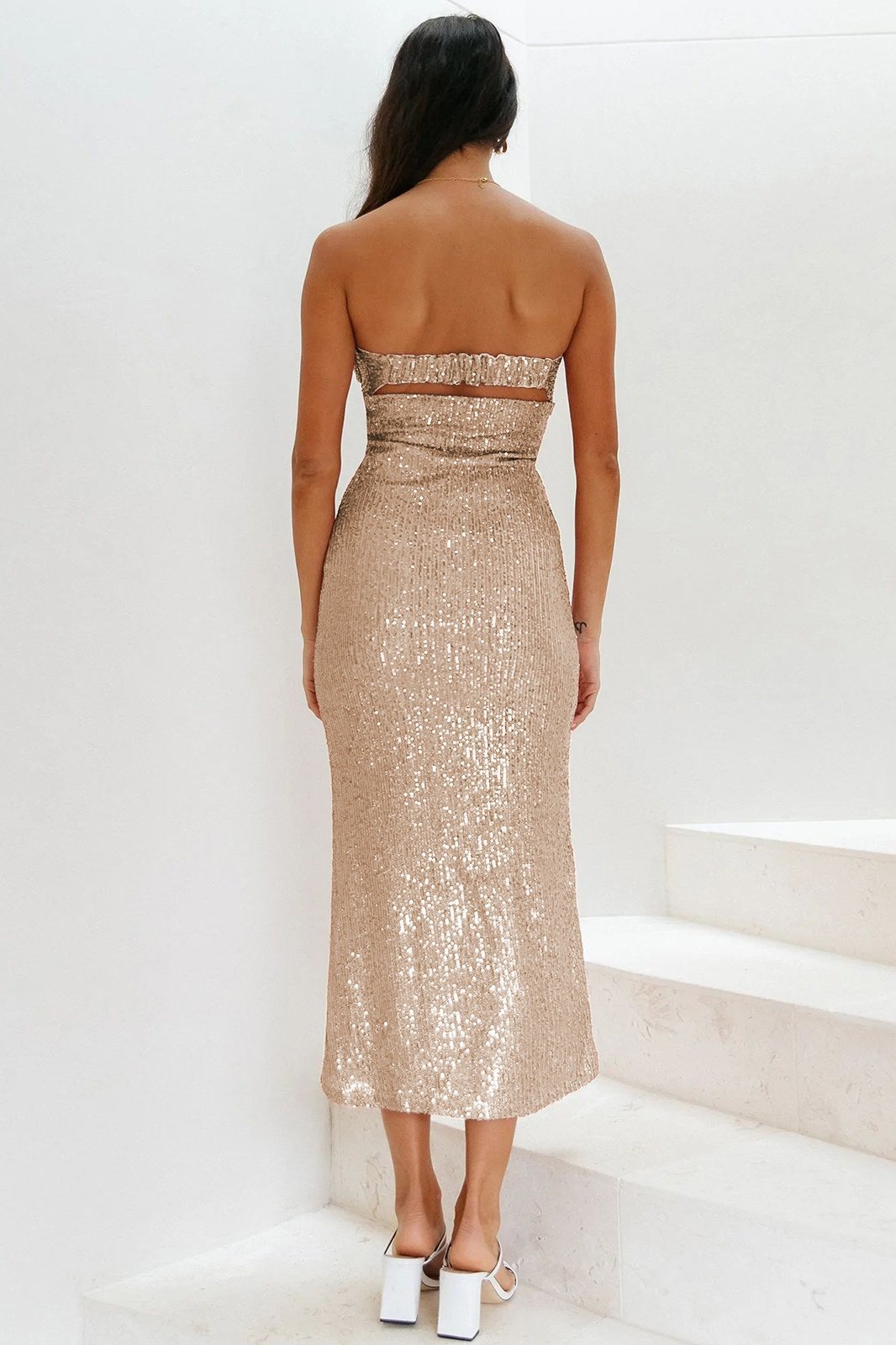 Statement Amelia Strapless Midi Dress with Sequins Premium Wardrobe Essential
