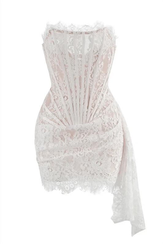 Lace Strapless Corset Ruched Bodycon Mini Dress