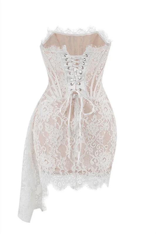 Lace Strapless Corset Ruched Bodycon Mini Dress