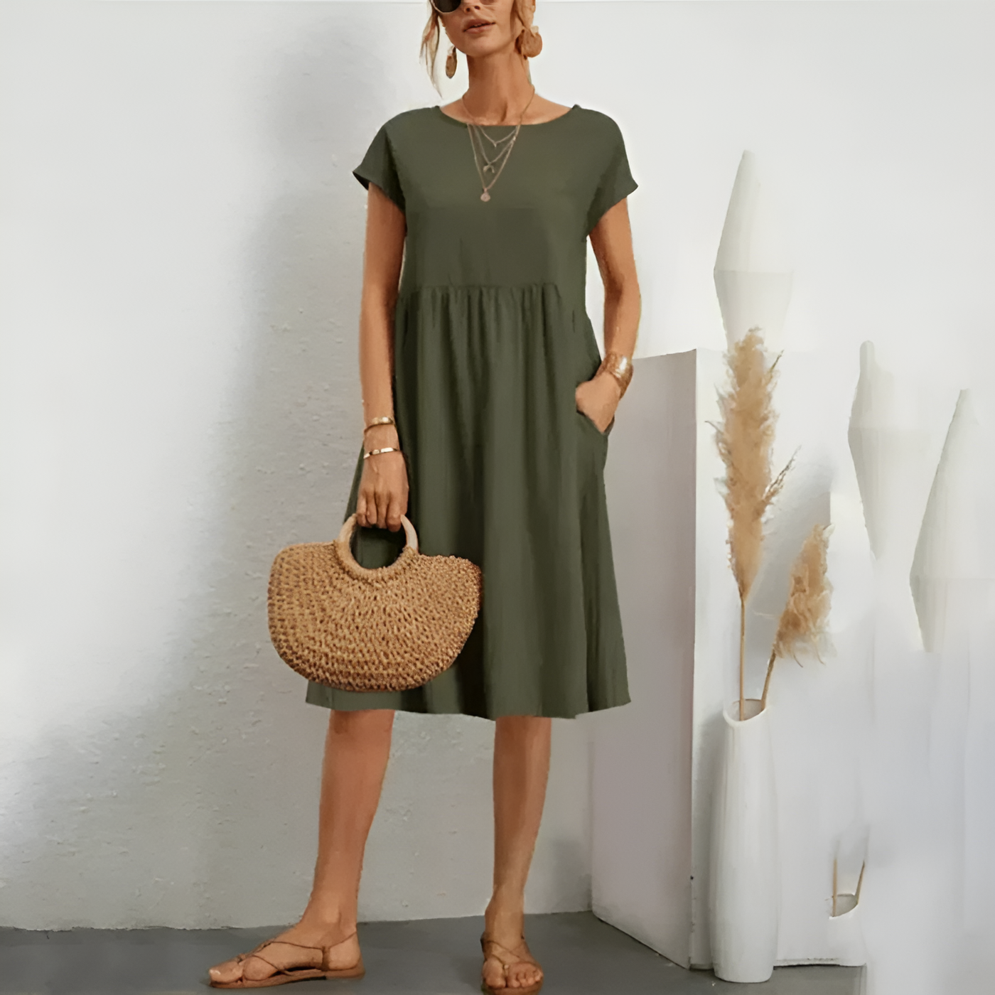 Crew Neck Cap Sleeve Pocket Midi Dress Summer 5