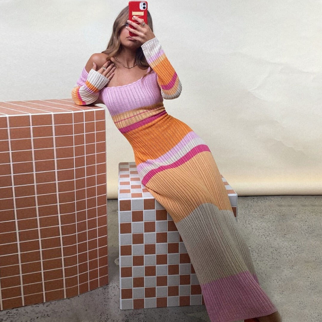 Versatile Striped Long Sleeve Crochet Knit Maxi Dress - Multicolor - View 2